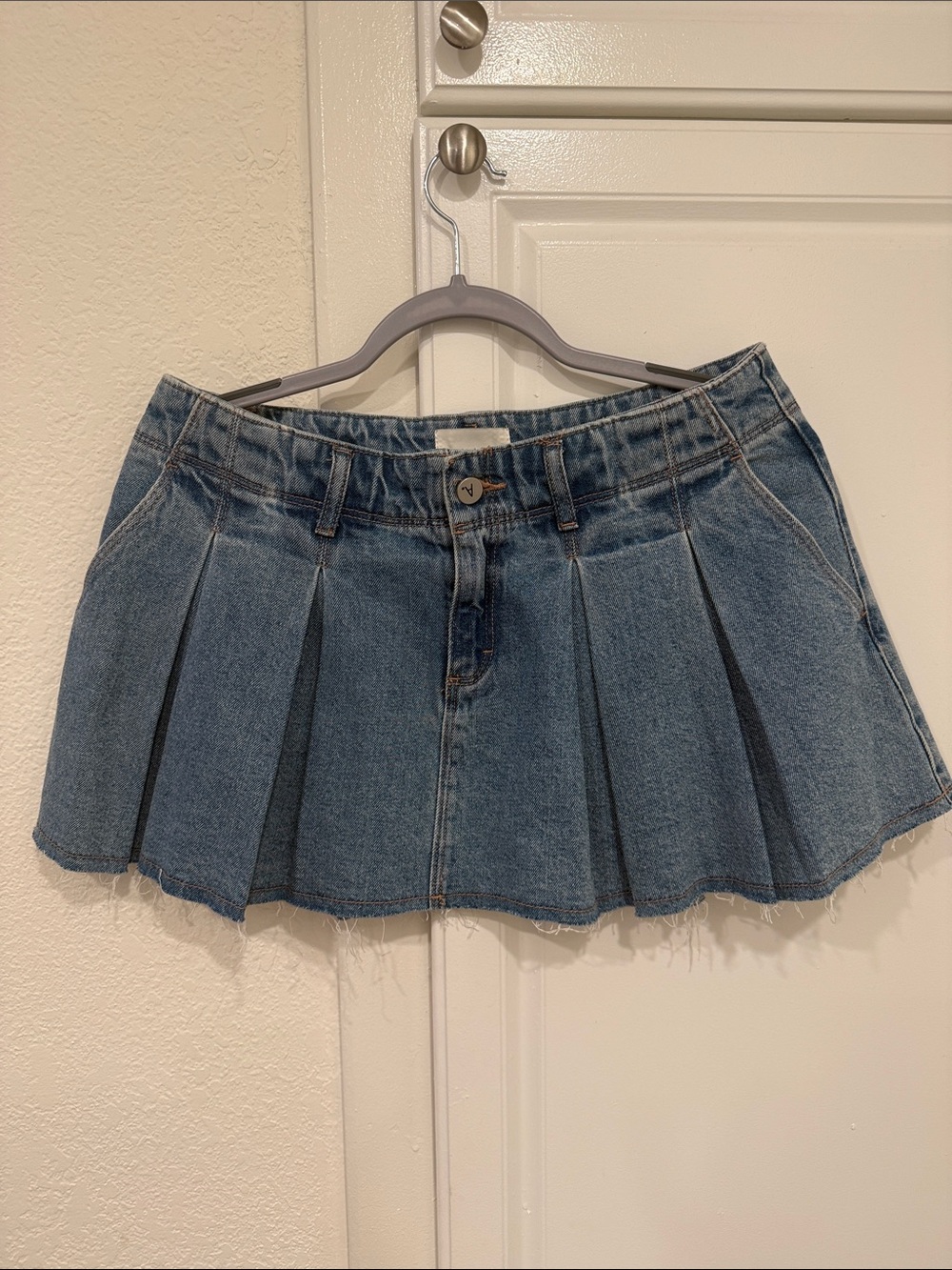 REVOLVE Blue Pleated Denim Mini Skirt